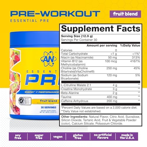 AN Essentials Pre-Workout Powder Supplement for Men & Women | Energy Drink Mix with 200mg Caffeine, Beta Alanine, Citrulline, & Creatine | Fruit Blend | 30 Servings