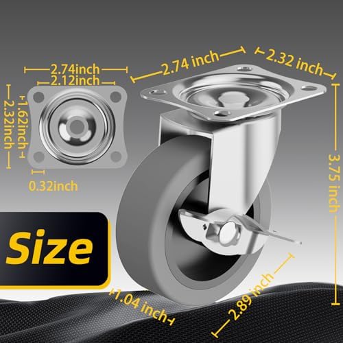 3 Inch Caster Wheels, Casters Set of 4, Heavy Duty Caster with Brake, Locking Castors with Rubber Wheel，Plate Swivel Caster Wheels for Furniture Cart and Workbench