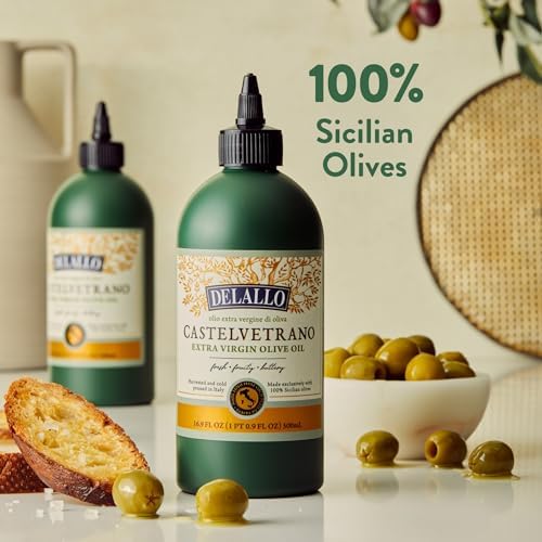DeLallo, Castelvetrano Extra Virgin Olive Oil, 16.9 Ounce Squeeze Bottle, (3 Pack), Made in Italy, Made with 100% Sicilian Olives, For Cooking and Drizzling, All Natural, Non-GMO