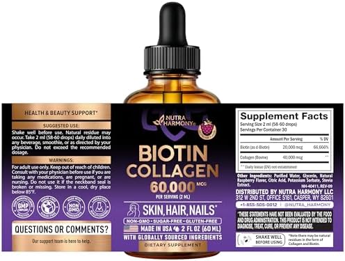 Liquid Biotin & Collagen 60,000 mcg - Vitamins for Hair Growth Support - Extra Strength Drops for Women & Men - Liquid Collagen Supplement - Strong Nails & Healthy Skin - Made in USA - 2 Fl Oz