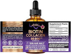 Liquid Biotin & Collagen 60,000 mcg - Vitamins for Hair Growth Support - Extra Strength Drops for Women & Men - Liquid Collagen Supplement - Strong Nails & Healthy Skin - Made in USA - 2 Fl Oz
