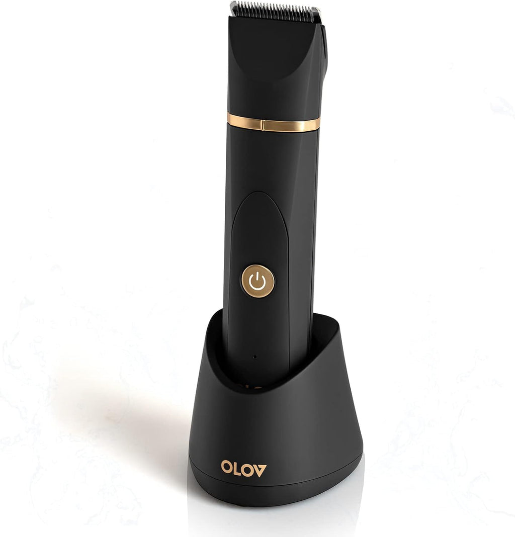 OLOV Electric Body Hair Trimmer - Groin Trimmer for Men - Bikini Trimmer Women - Wet/Dry Shaver Groomer, Replaceable Ceramic Blade Heads, USB Recharge Dock, Waterproof Hygiene Razor,Black