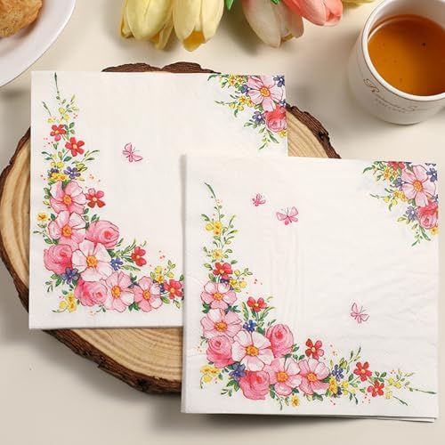 Pretty Floral Paper Napkins 6.5x6.5 inch 2-Ply Dinner Luncheon Napkin Disposable Decorative Party Table Tissue Napkin for Decoupage (CK13/20-Count)