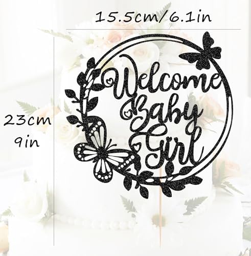 Welcome Baby Girl Cake Topper - Black Glitter Baby Shower Cake Decorations, Baby Girl Cake Decor, for Baby Shower/Birthday Party/Gender Reveal Party Photo Booth Props