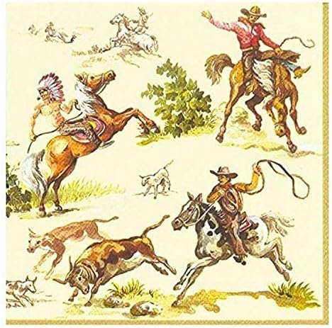 Ideal Home Range 20 Count Boston International 3-Ply Paper Cocktail Napkins, Cream Wild West, 5 x 5 inches