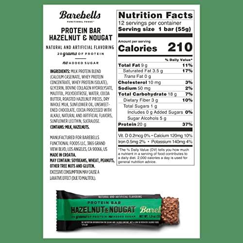Barebells Protein Bars Hazelnut & Nougat - 12 Count, Pack of 2 - Protein Snacks with 20g of High Protein - Chocolate Protein Bar with 1g of Total Sugars - On The Go Protein Snack & Breakfast Bars
