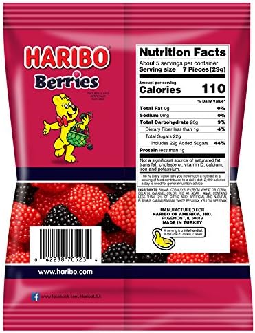 HARIBO Gummi Candy, Berries Gummy Candy, 5 Ounce Share Size Bags (Pack of 12) Delicious Soft & Crunchy, Chewy Sweet Snacks, Red & Black Berry Fruit Flavor