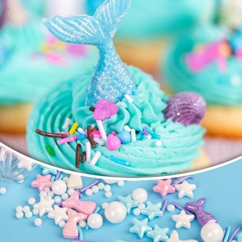 Twisweet Mermaid Sprinkles, Edible Pearl Stars Sprinkles for Cake Decorating, Mix Baking Candy, Ocean Theme Cake Topper Cupcake Cookie Ice Cream Decorations, Birthday Children's Summer Party Supplies (130g/4.58oz)