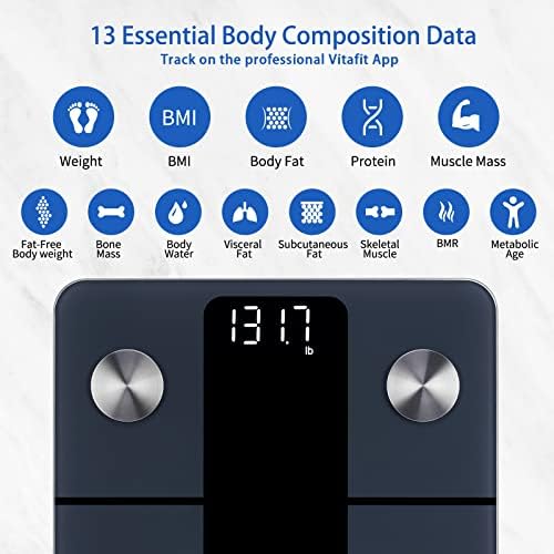 Vitafit Smart Scale for Body Weight, High Accuracy 0.1lb by Our Professional Factory Since 2001, Weight Scale App Sync 13 Body Composition with BMI, Body Fat and Muscle, 400lb, LED, Black