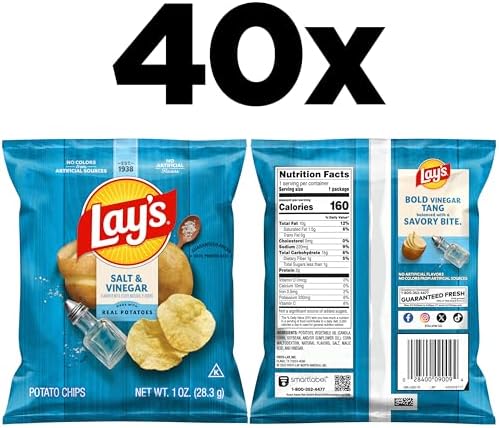 Lay's Salt & Vinegar Flavored Potato Chips, 1 oz Bags, (40 Count) (Packaging May Vary)