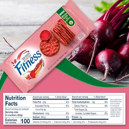 Nestle Fitness Thins Beetroot Crackers - Whole Grain Snack for Adults & Kids, Kosher Certified, 100 Calories Per Serving, Ideal for Dips and Spreads - 2 Pack
