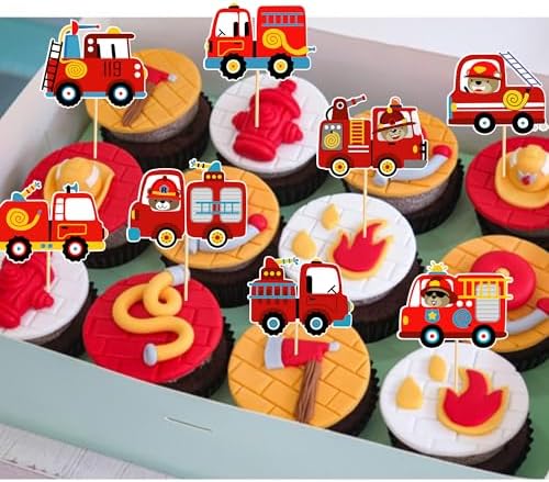 24pcs Fire Truck Cupcake Toppers Bear Firefighter Fire Truck Birthday Decorations Fireman Birthday Party Decorations