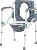 VMS Deluxe 3 in 1 Folding Bedside Commode with Handles and Elongated Seat, Aluminum | Adjustable Seat Height with Splash Guard | Portable Toilet for Seniors and Medical Home Care