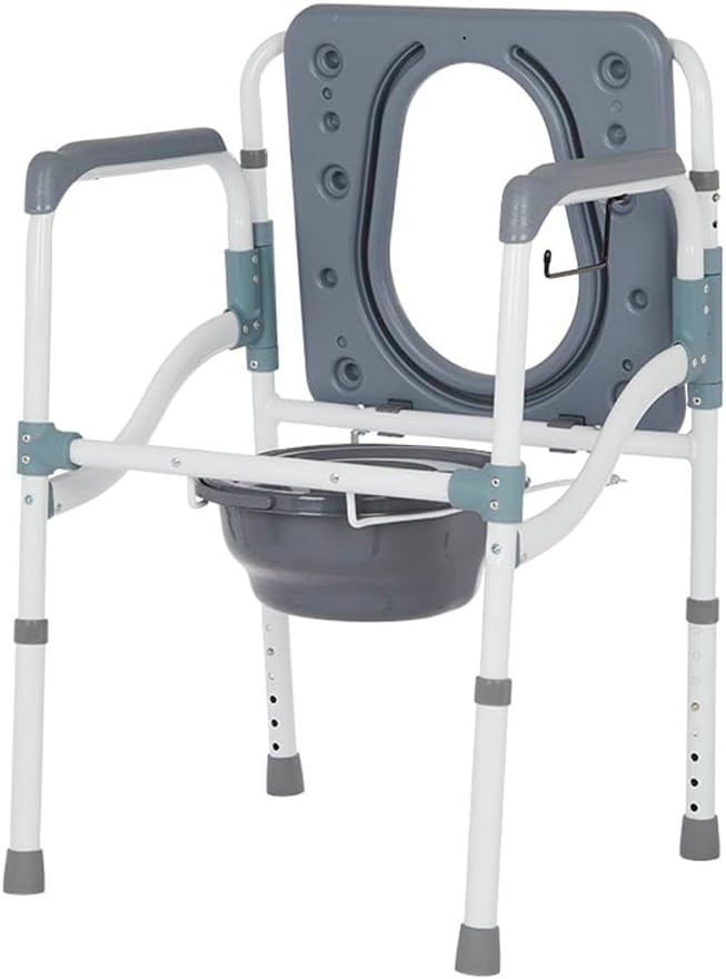 VMS Deluxe 3 in 1 Folding Bedside Commode with Handles and Elongated Seat, Aluminum | Adjustable Seat Height with Splash Guard | Portable Toilet for Seniors and Medical Home Care