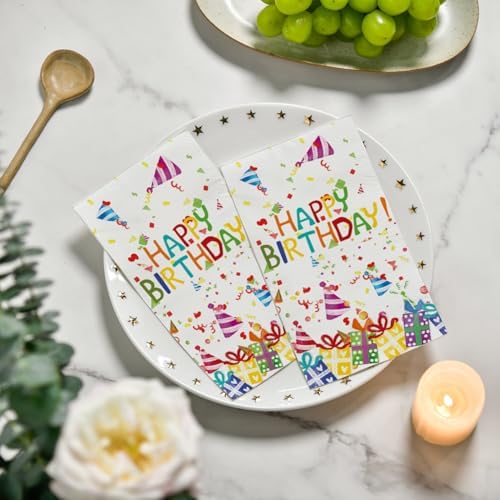 Horaldaily 50 Birthday Disposable Paper Decorative Guest Napkins, Happy Birthday Ballon Gifts Hand Towel for Party Lunch Dinner Kitchen Bathroom