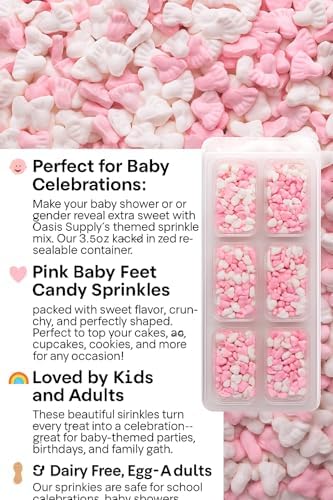 Oasis Supply Baby Shower Sprinkles & Sugar Shapes – Edible Decorations for Cakes, Cupcakes, and Cookies – Gender Reveal, Boy, Girl, and Neutral Party Baking Decorations - Pink Baby Feet
