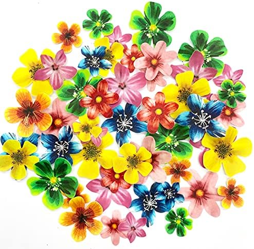 Weraru Edible 48Pcs Hawaii Flowers Wedding Cake&Cupcake Topper Luau Themed Party Birthday Cake Decoration