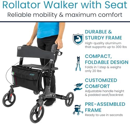 Vive Mobility Rollator Walker with Seat - Folding 4 Wheel Medical Rolling Walker with Bag - Mobility Aid for Adult, Senior, Elderly & Handicap - Aluminum Transport Chair