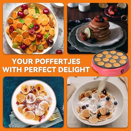 Baker's Friend Mini Pancakes Maker Machine, Dutch Mini Pancake Griddle, 14 Holes Electric Poffertjes Pan, Ideal for Breakfast, Snacks, Desserts & More, Red