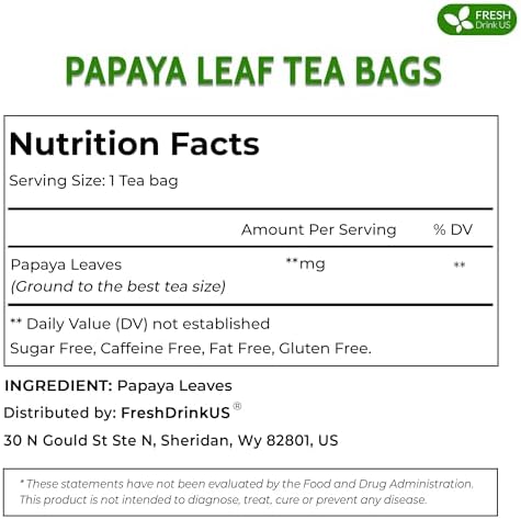 FreshDrinkUS, Premium 40 Papaya Leaf Tea Bags, 100% Natural & Pure from Papaya Leaves. Loose Leaf Herbal Tea. Made with Natural Material Tea Bags. No Sugar, No Caffeine, No Gluten, Vegan.