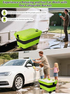 Collapsible Bucket 5.8 Gallon 22L with Wheels Handle Drain Plug Water Outlet and 2 Universal Connectors for Portable Pressure Washer Cordless Car Washing Camping RV Pet Bath Multi-Use