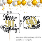 PALASASA Black Gold Happy 90th Birthday Cake Topper- Glitter Cheers to 90 Years Birthday Cake Pick 90 Fabulous Cake Decoration, 90th Birthday/Anniversary Party Cake Decoration