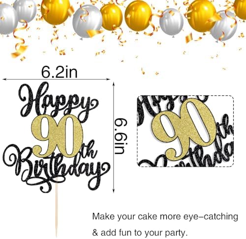 PALASASA Black Gold Happy 90th Birthday Cake Topper- Glitter Cheers to 90 Years Birthday Cake Pick 90 Fabulous Cake Decoration, 90th Birthday/Anniversary Party Cake Decoration