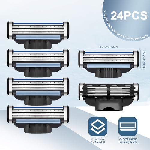 Razor Refills for Men, 24 Count 3-Blade Shaving Blades with Dual Lubrication, Compatible with Mach3 Razor Handles - Value Pack