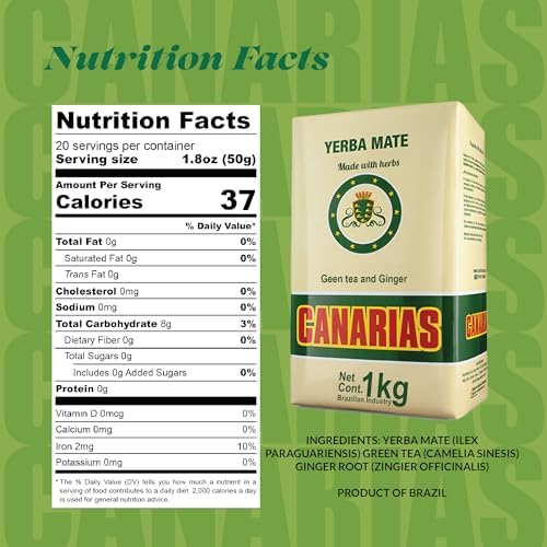 Yerba Mate Canarias Green Tea & Ginger – Loose Leaf Unsmoked Yerba Mate Tea | Herbal Mate Blend for Smooth Energy | 1kg (2.2 lb) | Product of Uruguay