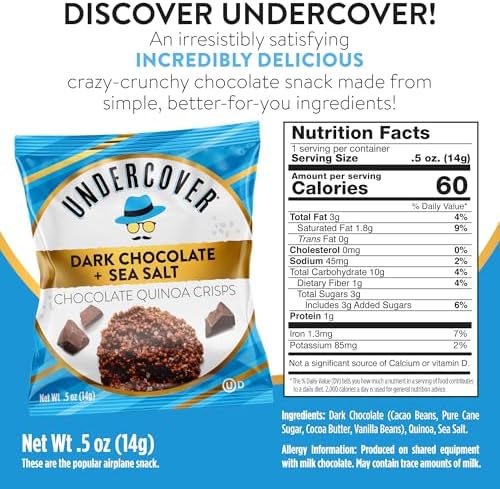 Undercover Snacks Chocolate Quinoa Crisps - Dark Chocolate + Sea Salt | 30-Count, Individually Wrapped Crisps | Gluten Free, Nut-Free, Allergen Friendly, Kosher, Plant-Based, AIRLINE SIZE