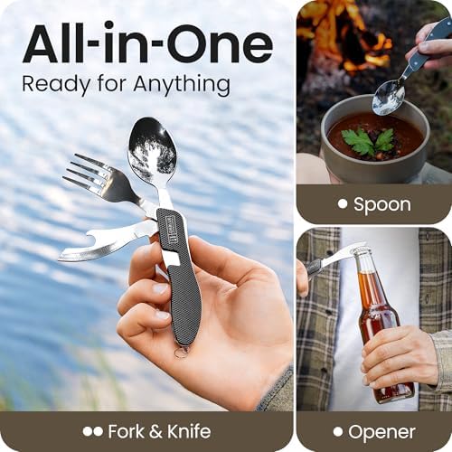 Orblue 4-in-1 Camping Eating Utensils, 2-Pack - Portable Spoon, Fork, Knife & Bottle Opener Combo Set - Stainless Steel Flatware with Detachable Fork - Travel, Backpacking Cutlery Multitool, Black