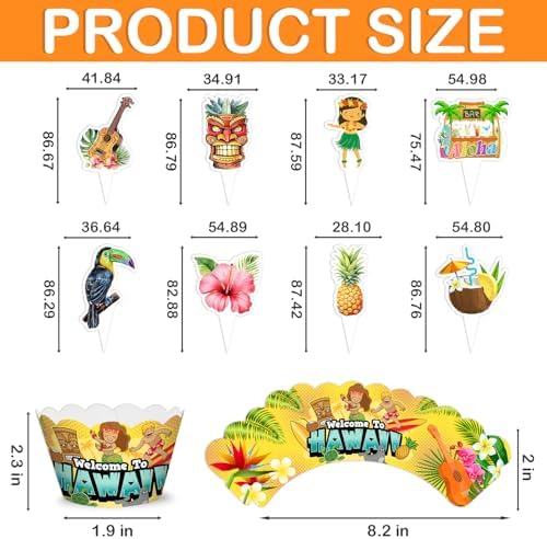 48PCS Hawaiian Themed Birthday Party Decorations | 24PCS Cupcake Toppers & 24PCS Cupcake Wrappers Party Favors Supplies Luau Hawaii Aloha Centerpiece Table Gifts for Boys Girls Carnival Prizes