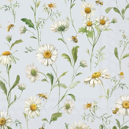 IHR Ideal Home Range Cocktail Napkins Disposable 3-Ply Paper Party Napkin Pack, 5" x 5", Daisies (Light Blue), 20-Count