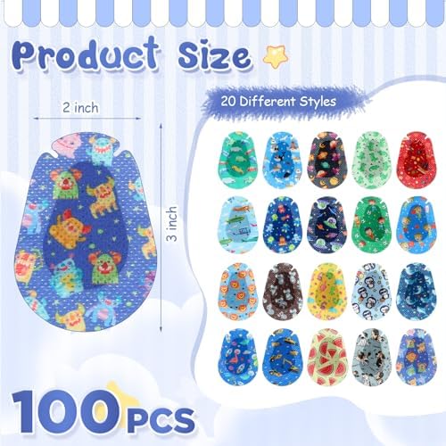 Copkim 100 Pcs Adhesive Eye Patches for Kids Boys 20 Styles Breathable Boy Eye Patch Bulk Light Blocking Cotton Adhesive Bandages for Toddler Boys, 3 x 2 Inch