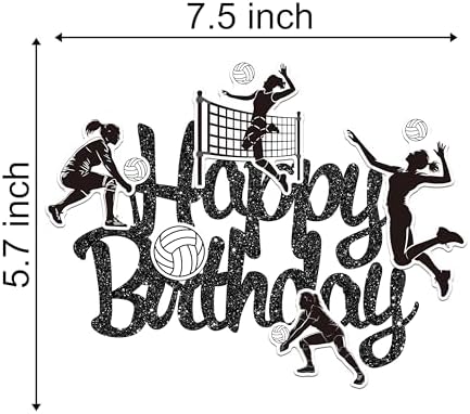Volleyball Cake Topper Volleyball Happy Birthday Theme Party Decoration Glitter Black Sports Cake Decor Sport Ball Cake Pick for Girls Player Celebration Baby Shower Supplies