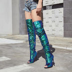 CAMSSOO Thigh High Boots for Women Sequin Open Toe Sparkly Stiletto Over The Knee Boots