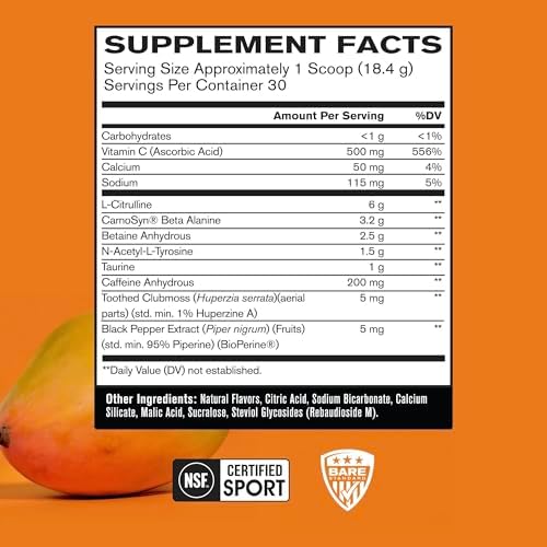 BARE PERFORMANCE NUTRITION BPN Flight Pre Workout, Supports Energy and Mental Focus, Improved Endurance & Muscle Pumps with CarnoSyn® Beta Alanine, Mango, 30 Servings