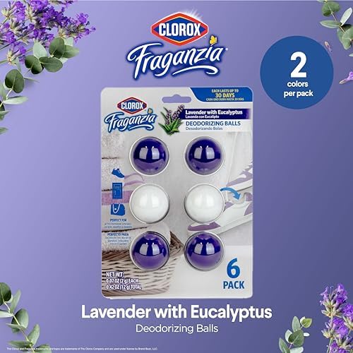 Clorox Fraganzia Deodorizing Balls with Lavender and Eucalyptus Scent, Shoe and Bag Odor Eliminator Balls for Shoes Lockers and Gym Bags with Long Lasting Freshness, 6 Count