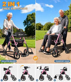 Foldable 2-in-1 Rollator Walker for Seniors with Seat, Lightweight Transport Wheelchair Combo 300 lbs Capacity, All-Terrain Tires, Anti-Tip Brakes, Adjustable Height 33.5"-40"