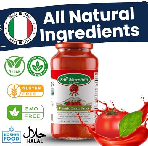 La San Marzano Tomato Basil Sauce, 24 oz, Pasta Sauce Made in Italy, All Purpose Tomato Premium Quality, All Natural, Mediterranean Diet, Non GMO, Vegan, Gluten Free