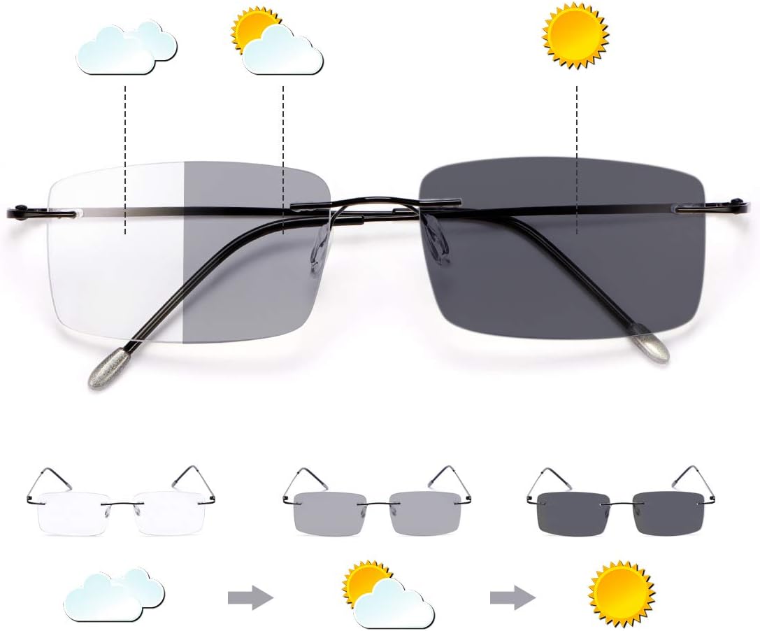 Rimless Progressive Multifocus Reading Glasses Photochromic Transition Sunglasses Sun Readers Blue Light Blocking Multifocal Computer Eyeglasses Anti Glare UV400 Presbyopia Eyewear for Men Women 2.5