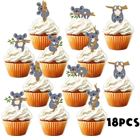 18pcs Glitter Animal Dessert Cupcake Topper Pick for The Very Sleepy Koala Theme Decor Supplies Baby Shower Boys Girls Happy Birthday Party Decorations