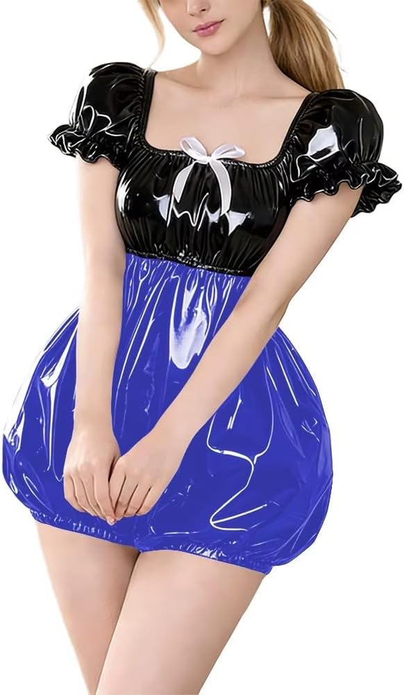 Party Cosplay PVC Vinyl Leather Bubble Romper Puff Sleeve Square Neck Playsuit with Contrast Color