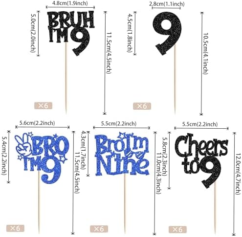 30 PCS Bro I'm 9 Cupcake Toppers Glitter Happy 9th Birthday Cupcake Picks Bruh I'm 9 Cake Decoration Cheers to Nine Years Old for Boys Brother 9th Birthday Party Cake Decorations Supplies Blue