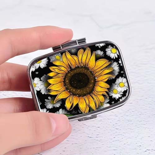 Sunflower Pill Box 2 Compartment Small Pill Case for Purse & Pocket Travel Portable Metal Medicine Box to Hold Vitamins Medication Fish Oil Supplements Sunflower for Women Men (YH3886)