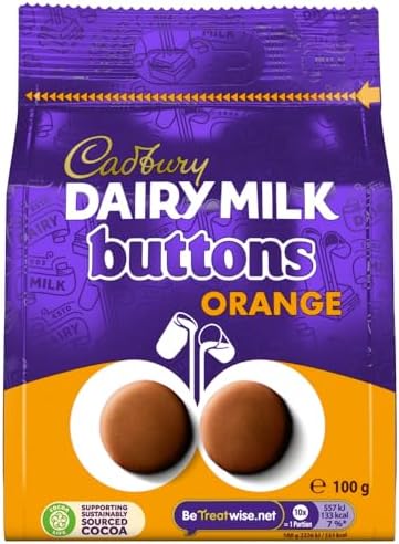 Cadbury Dairy Milk Chocolate Orange Flavour Giant Buttons, Sharing Bag, Bite Size Treats, 100 g Bag (Pack of 1)