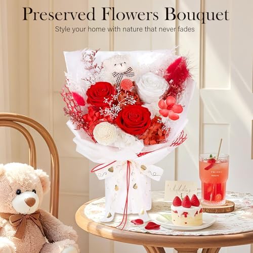 Preserved Flowers Bouquet with Bear, 3 Real Forever Flowers for Delivery, Long-Lasting Red Eteranl Roses Bouquet, Mothers Day Gifts for Mom Grandma, Anniversary Birthday Gifts for Women Girlfriend