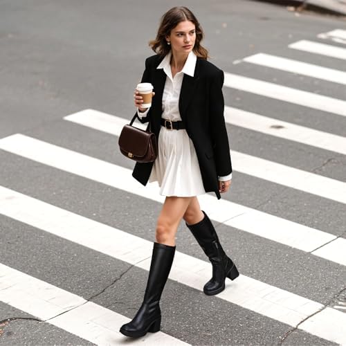 Choiran Knee High Boots for Women - Platform Chunky Square Toe Tall Boots with Block Heeled Side Zipper, Fashion Long Gogo Boots for Spring Fall