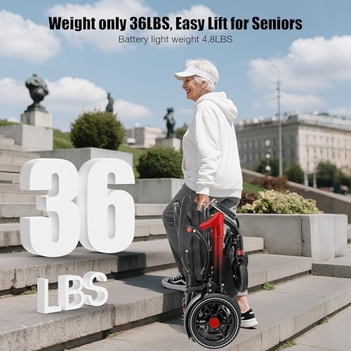Electric Wheelchairs for Adults Foldable 36LBS Lightweight, 15 Miles Travel Range& Max Support 350 LBS, 500W Brushless Motors Power Motorized for Seniors& LED Light& Airline Approval-Red Style