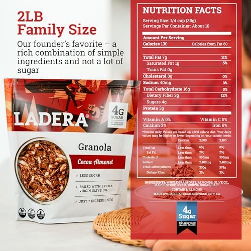 Ladera Cocoa Almond Granola - Low Sugar Chocolate Breakfast Cereal, Gluten Free & Vegan, Honest Ingredients, 2 LB